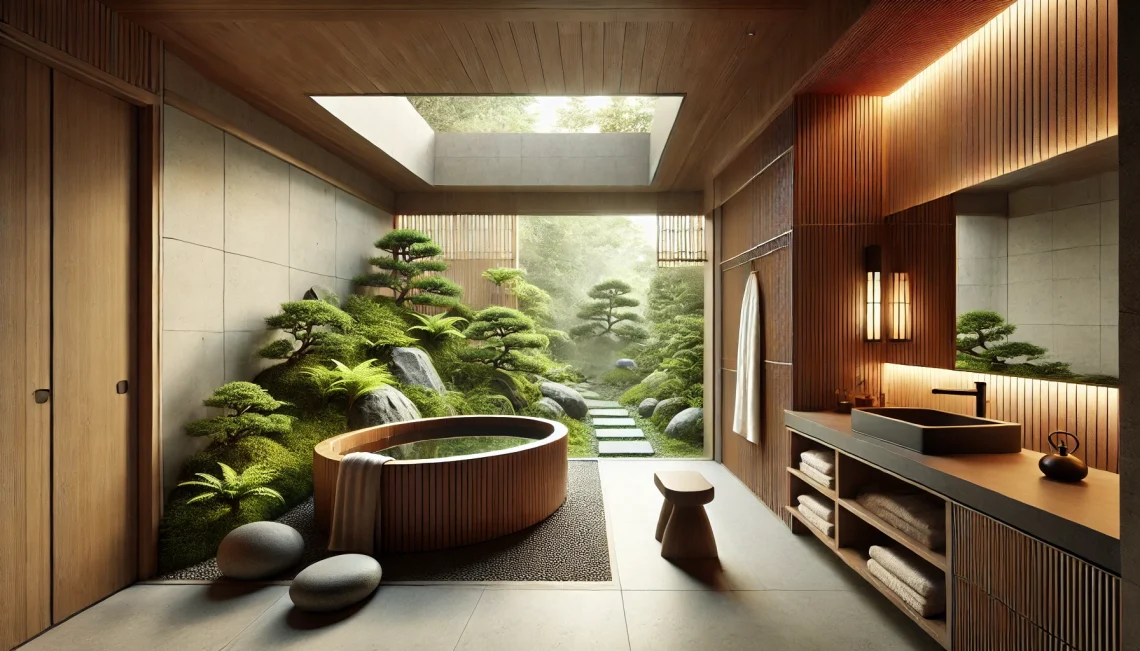 A modern take on the Japanese bathing ritual—deep Hinoki wood tub, warm lighting, and a peaceful view. The perfect space to relax (and hopefully not faint).