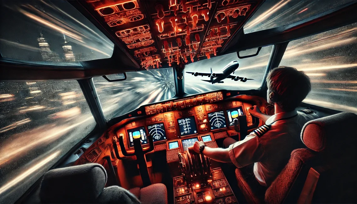 The pilot fights to regain control—warning lights flash, the ground rushes closer. A moment of chaos, a battle between fate and will.