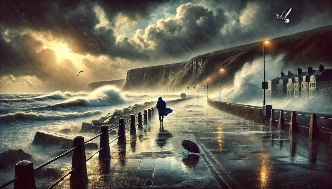Stormy skies, crashing waves, and a lone figure braving the wind—British weather drama at its finest.